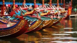 Chinesische Drachenboote auf dem Wasser