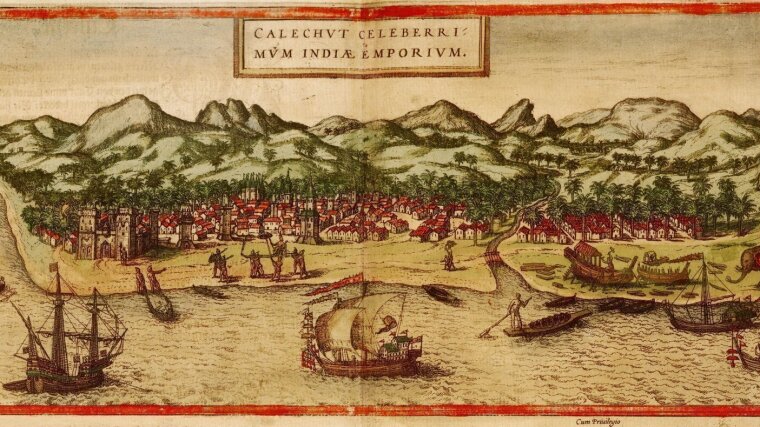 A panorama of Calicut, on the Malabar coast, shows several types of ships, shipbuilding, net fishing, dinghy traffic and a rugged, sparsely populated interior. Georg Braun and Franz Hogenbergs atlas Civitates orbis terrarum, 1572