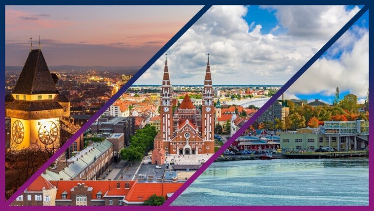 Collage mit Eindrücken aus Graz, Szeged und Turku