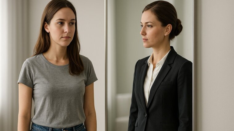 Eine Frau im T-Shirt blickt in den Spiegel – ihr Spiegelbild trägt Blazer und gebundene Haare.
