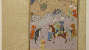 Sultan Sanjar trifft eine alte Frau. Abbildung aus einem Manuskript des Khamsa von Nizami.