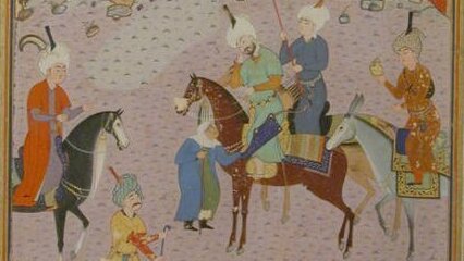 Sultan Sanjar trifft eine alte Frau. Abbildung aus einem Manuskript des Khamsa von Nizami.