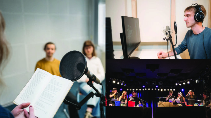Collage mit Bildern, in denen Menschen vor Mikrofonen teilweise vor Publikum sprechen